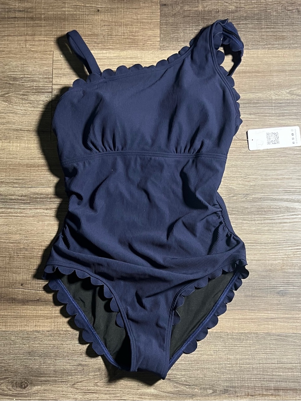 Charmo Blue Scalloped Ribbed One Shoulder Swim Swimsuit